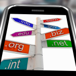 Domains On Smartphone Shows Internet Websites And Information Addresses